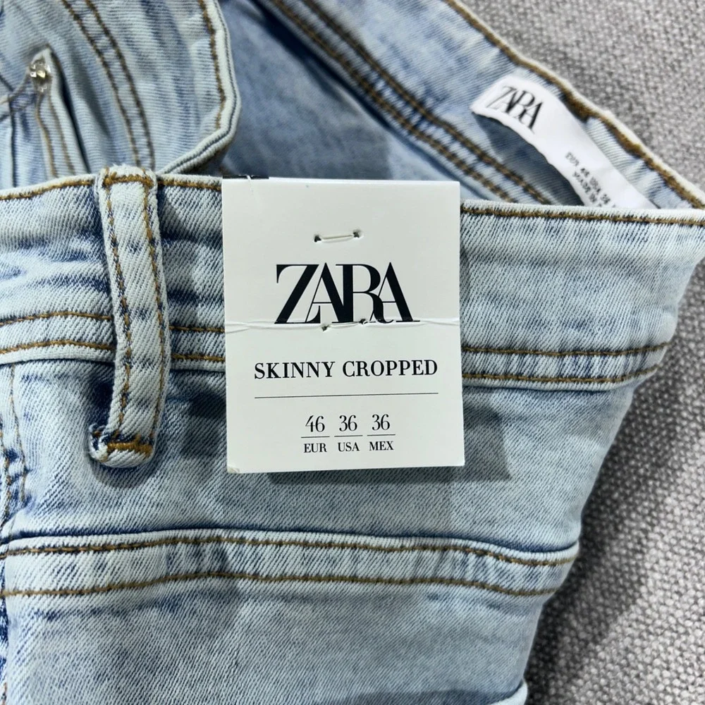 Zara Skinny Cropped Jeans Mens 32 Light Wash Blue NEW Distressed Ripped Tapered